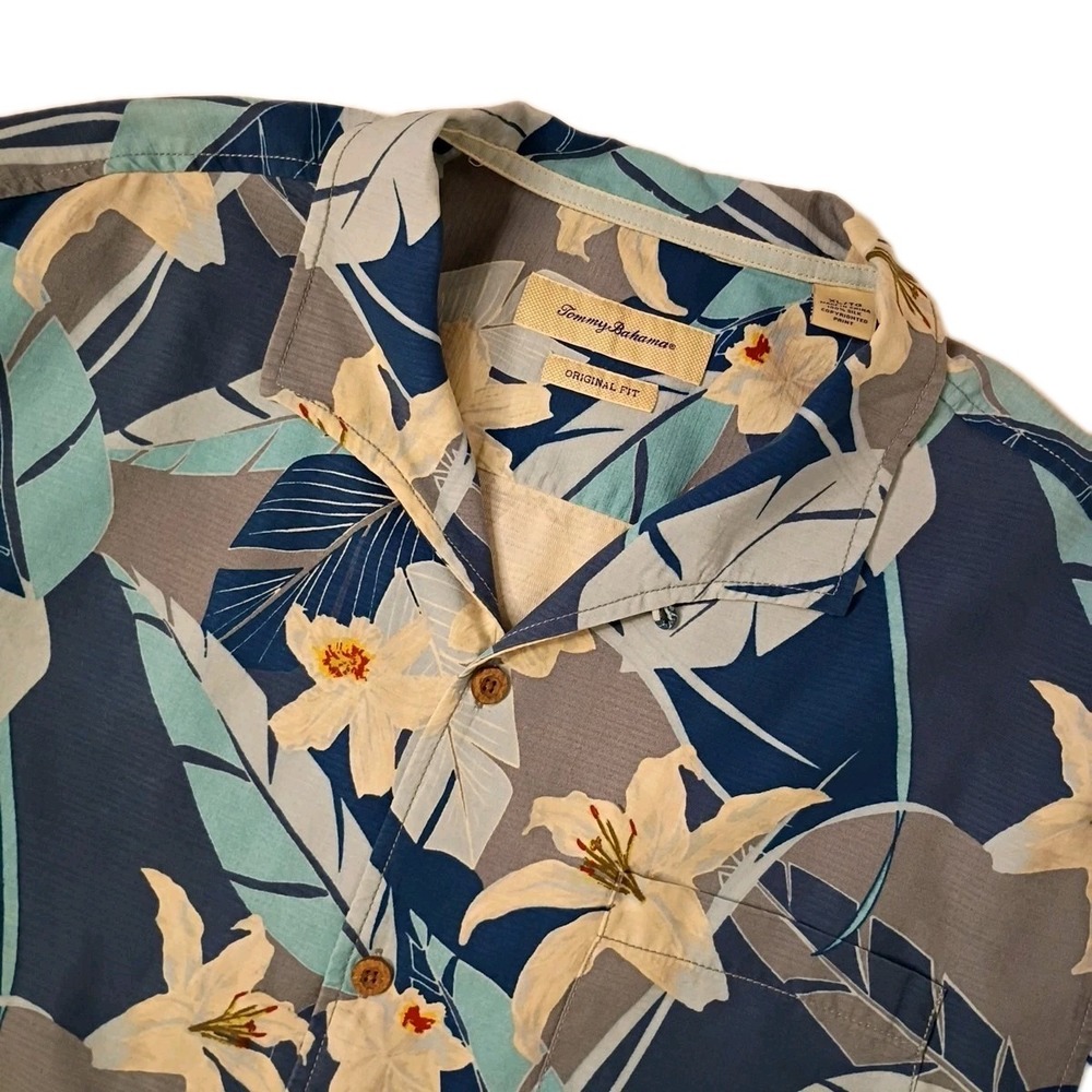 Tommy Bahama Hawaiian‎ Shirt Mens XL Original Fit Blue Floral Silk Pocket Aloha